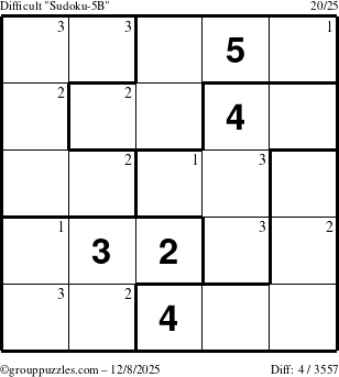The grouppuzzles.com Difficult Sudoku-5B puzzle for Monday December 8, 2025 with the first 3 steps marked