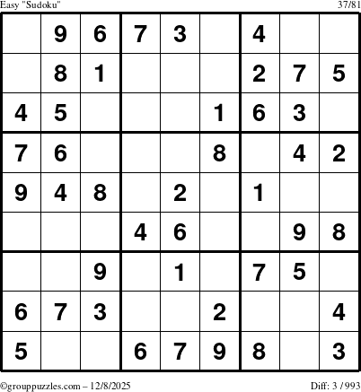 The grouppuzzles.com Easy Sudoku puzzle for Monday December 8, 2025