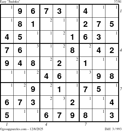 The grouppuzzles.com Easy Sudoku puzzle for Monday December 8, 2025 with all 3 steps marked