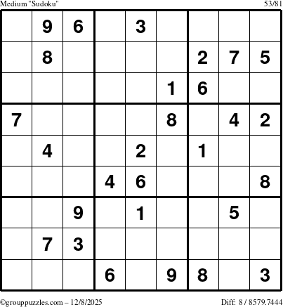 The grouppuzzles.com Medium Sudoku puzzle for Monday December 8, 2025