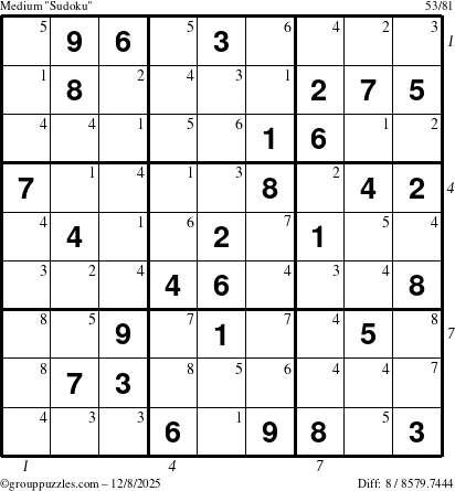 The grouppuzzles.com Medium Sudoku puzzle for Monday December 8, 2025 with all 8 steps marked