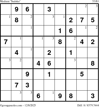 The grouppuzzles.com Medium Sudoku puzzle for Monday December 8, 2025 with the first 3 steps marked