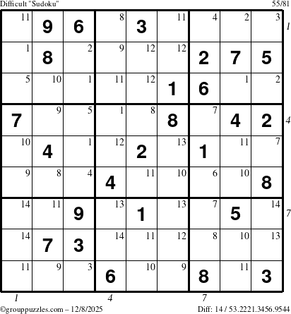 The grouppuzzles.com Difficult Sudoku puzzle for Monday December 8, 2025 with all 14 steps marked