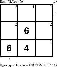 The grouppuzzles.com Easy TicTac-456 puzzle for Monday December 8, 2025 with all 2 steps marked