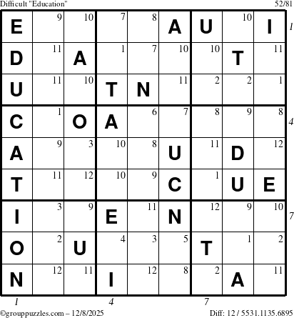 The grouppuzzles.com Difficult Education-c1 puzzle for Monday December 8, 2025, suitable for printing, with all 12 steps marked