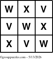 The grouppuzzles.com Answer grid for the TicTac-VWX puzzle for Wednesday May 13, 2026