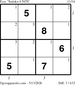 The grouppuzzles.com Easy Sudoku-4-5678 puzzle for Wednesday May 13, 2026 with all 3 steps marked