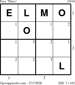 The grouppuzzles.com Easy Elmo puzzle for Wednesday May 13, 2026, suitable for printing, with all 3 steps marked