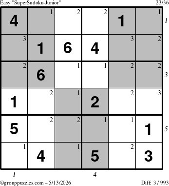 The grouppuzzles.com Easy SuperSudoku-Junior puzzle for Wednesday May 13, 2026 with all 3 steps marked