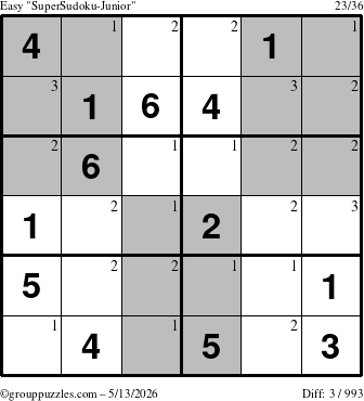 The grouppuzzles.com Easy SuperSudoku-Junior puzzle for Wednesday May 13, 2026 with the first 3 steps marked