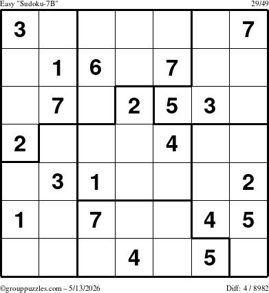 The grouppuzzles.com Easy Sudoku-7B puzzle for Wednesday May 13, 2026