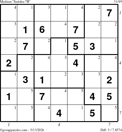 The grouppuzzles.com Medium Sudoku-7B puzzle for Wednesday May 13, 2026 with all 5 steps marked