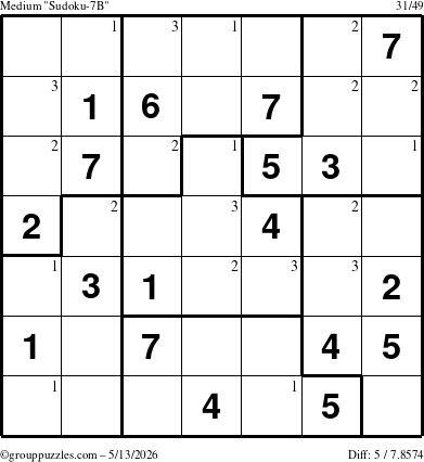 The grouppuzzles.com Medium Sudoku-7B puzzle for Wednesday May 13, 2026 with the first 3 steps marked