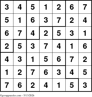 The grouppuzzles.com Answer grid for the Sudoku-7B puzzle for Wednesday May 13, 2026