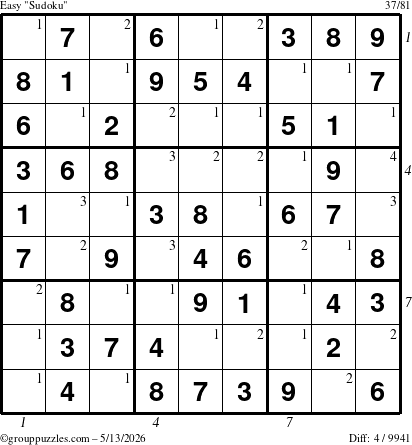 The grouppuzzles.com Easy Sudoku puzzle for Wednesday May 13, 2026, suitable for printing, with all 4 steps marked