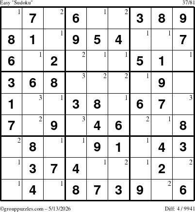 The grouppuzzles.com Easy Sudoku puzzle for Wednesday May 13, 2026 with the first 3 steps marked