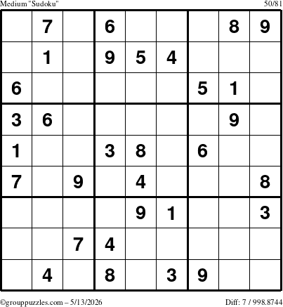 The grouppuzzles.com Medium Sudoku puzzle for Wednesday May 13, 2026