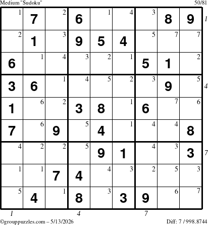 The grouppuzzles.com Medium Sudoku puzzle for Wednesday May 13, 2026 with all 7 steps marked