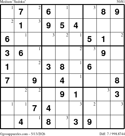 The grouppuzzles.com Medium Sudoku puzzle for Wednesday May 13, 2026 with the first 3 steps marked