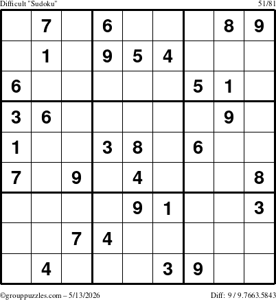 The grouppuzzles.com Difficult Sudoku puzzle for Wednesday May 13, 2026
