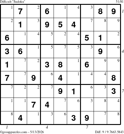 The grouppuzzles.com Difficult Sudoku puzzle for Wednesday May 13, 2026, suitable for printing, with all 9 steps marked