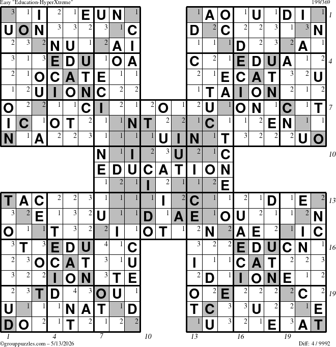 The grouppuzzles.com Easy Education-HyperXtreme puzzle for Wednesday May 13, 2026, suitable for printing, with all 4 steps marked