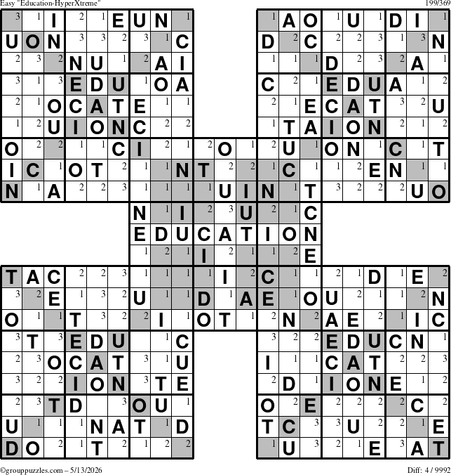 The grouppuzzles.com Easy Education-HyperXtreme puzzle for Wednesday May 13, 2026 with the first 3 steps marked