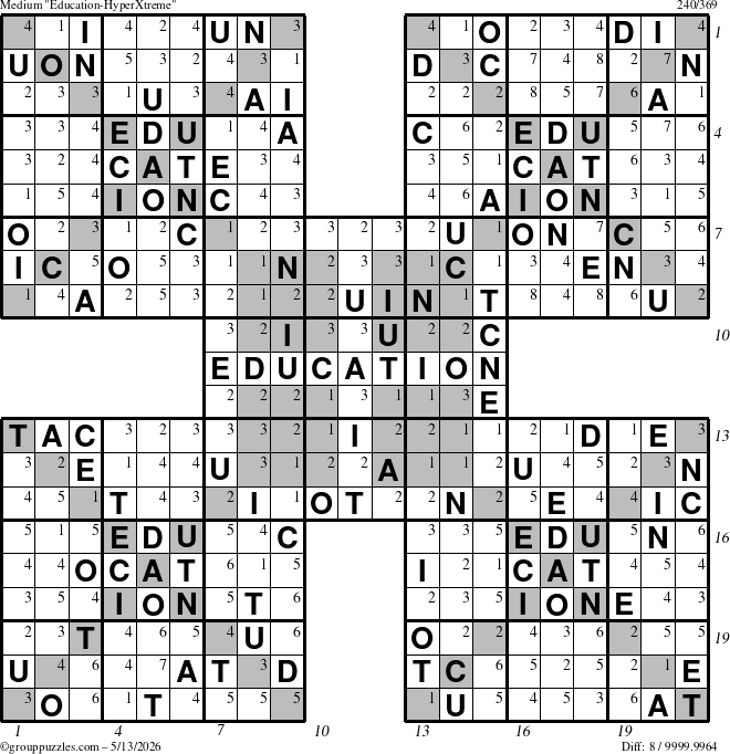 The grouppuzzles.com Medium Education-HyperXtreme puzzle for Wednesday May 13, 2026, suitable for printing, with all 8 steps marked