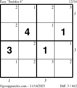 The grouppuzzles.com Easy Sudoku-4 puzzle for Sunday November 16, 2025 with all 3 steps marked