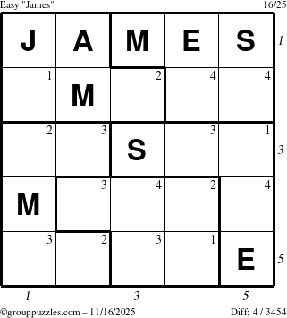 The grouppuzzles.com Easy James puzzle for Sunday November 16, 2025, suitable for printing, with all 4 steps marked