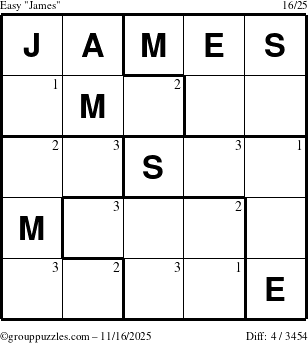 The grouppuzzles.com Easy James puzzle for Sunday November 16, 2025 with the first 3 steps marked