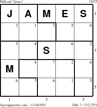 The grouppuzzles.com Difficult James puzzle for Sunday November 16, 2025, suitable for printing, with all 7 steps marked