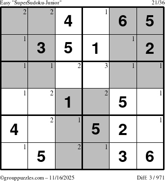 The grouppuzzles.com Easy SuperSudoku-Junior puzzle for Sunday November 16, 2025 with the first 3 steps marked