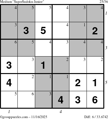 The grouppuzzles.com Medium SuperSudoku-Junior puzzle for Sunday November 16, 2025 with all 6 steps marked