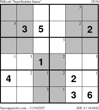 The grouppuzzles.com Difficult SuperSudoku-Junior puzzle for Sunday November 16, 2025 with the first 3 steps marked