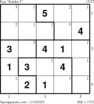 The grouppuzzles.com Easy Sudoku-5 puzzle for Sunday November 16, 2025, suitable for printing, with all 3 steps marked
