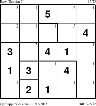 The grouppuzzles.com Easy Sudoku-5 puzzle for Sunday November 16, 2025 with the first 3 steps marked