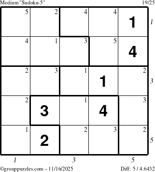 The grouppuzzles.com Medium Sudoku-5 puzzle for Sunday November 16, 2025, suitable for printing, with all 5 steps marked