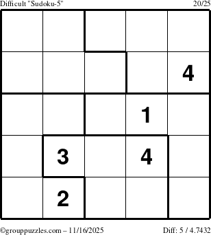 The grouppuzzles.com Difficult Sudoku-5 puzzle for Sunday November 16, 2025