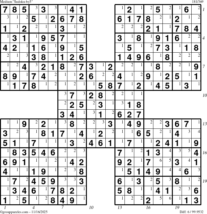 The grouppuzzles.com Medium Sudoku-by5 puzzle for Sunday November 16, 2025 with all 6 steps marked
