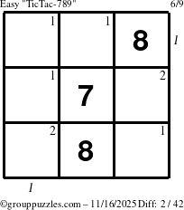 The grouppuzzles.com Easy TicTac-789 puzzle for Sunday November 16, 2025 with all 2 steps marked