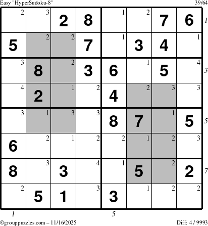 The grouppuzzles.com Easy HyperSudoku-8 puzzle for Sunday November 16, 2025 with all 4 steps marked