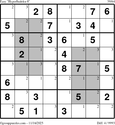 The grouppuzzles.com Easy HyperSudoku-8 puzzle for Sunday November 16, 2025 with the first 3 steps marked