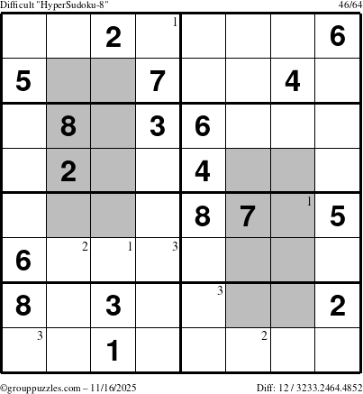 The grouppuzzles.com Difficult HyperSudoku-8 puzzle for Sunday November 16, 2025 with the first 3 steps marked