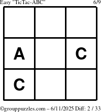 The grouppuzzles.com Easy TicTac-ABC puzzle for Wednesday June 11, 2025