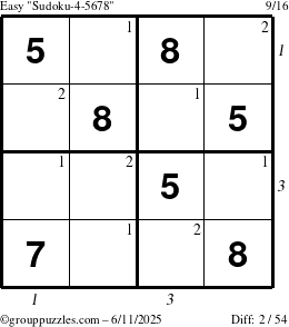 The grouppuzzles.com Easy Sudoku-4-5678 puzzle for Wednesday June 11, 2025 with all 2 steps marked