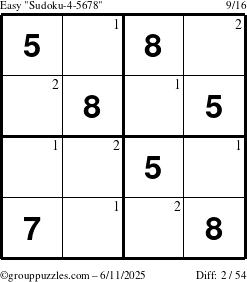 The grouppuzzles.com Easy Sudoku-4-5678 puzzle for Wednesday June 11, 2025 with the first 2 steps marked