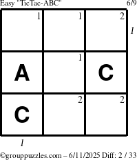 The grouppuzzles.com Easy TicTac-ABC puzzle for Wednesday June 11, 2025 with all 2 steps marked