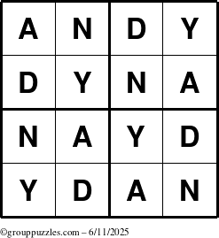 The grouppuzzles.com Answer grid for the Andy puzzle for Wednesday June 11, 2025