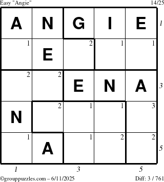 The grouppuzzles.com Easy Angie puzzle for Wednesday June 11, 2025 with all 3 steps marked